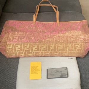 Fendi Lurex Zucca Roll Bag Tote Pink Gold Shimmer Glitter